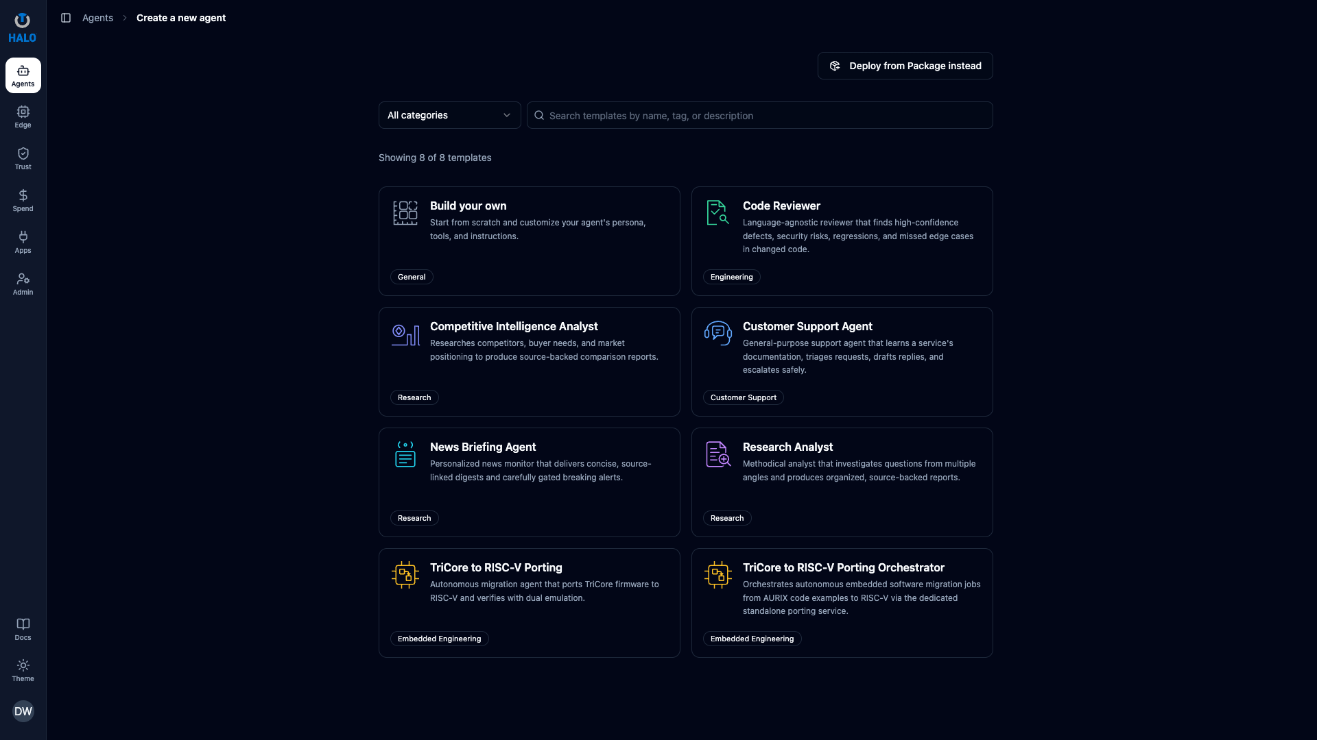 Halo Quick deploy screen. Set the job, model, apps, approvals, and budget together.